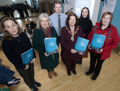 Mayor Patricia Logue with the Head of Service for Health and Community Wellbeing Seamus Donaghy, Principal EHO Marissa McCormick and local business attendees Rachel Scarpello (Scarpello’s Bakehouse and Pizzeria), Lorraine McCready (Caw Luncheon Club) and Alison Lucas (Hamilton’s Spar).